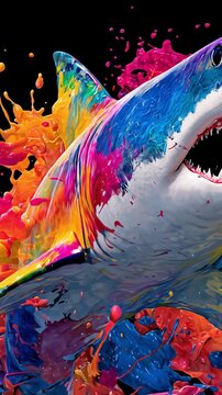 Vivid painted shark bursts from a splash of neon colors against a dark canvas, electric drips. glow