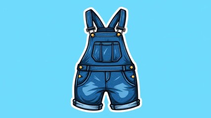 Depicting denim overall shorts with adjustable shoulder straps and multiple pockets against a pastel blue background, showcasing a cartoon-style illustration for fashion-themed designs.