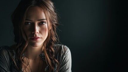 Fototapeta premium Close up portrait of thoughtful young woman with long wavy hair and natural makeup in dark studio setting