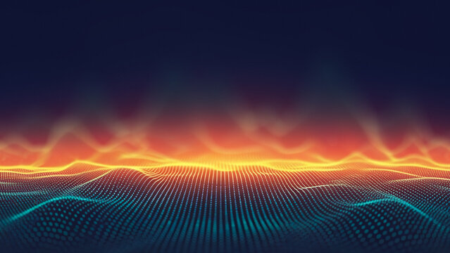 Abstract digital landscape with glowing orange highlights and a structured blue grid pattern over a dark backdrop, creating a futuristic high-tech visual.
