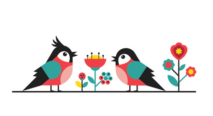 Two cheerful birds are having a conversation amidst a vibrant garden setting with colorful flowers.