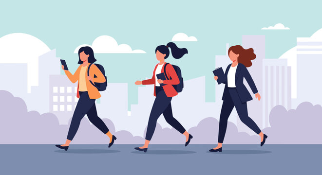 Three diverse women walking together in the city on a sunny day with buildings in the background.