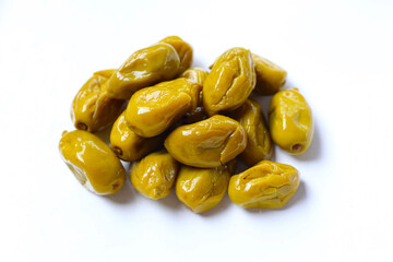 Pickled olives with a salty and slightly sour taste.