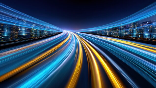Streaks of Light Speeding Through a Cityscape at Night, Representing Technological Advancement and Infrastructure Development : Generative AI