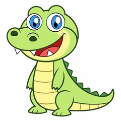 Happy Cartoon Alligator Character Standing Upright with a Big Smile and Cute Eyes Looking Upward on a White Background