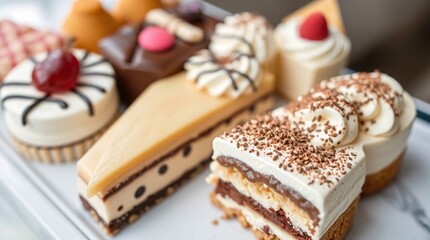 Delectable Desserts: A culinary close-up of an assortment of enticing miniature cakes, featuring vibrant colors, intricate textures.