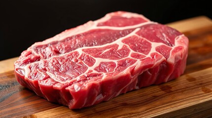 Raw Steak on Cutting Board: A close-up shot reveals a prime cut of raw steak, showcasing its rich red color and intricate marbling pattern, ready for culinary creation.