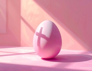 Pink Easter Egg with Cross Shadow in Room with Pastel Pink Walls