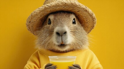 Prairie Dog Wearing Hat and Holding Juice on Yellow Background, Representing Summer Fun and Refreshment for Beverage Advertising Campaigns : Generative AI