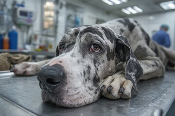 Great Dane Dog Resting on Examination Table at Veterinary Clinic, Representing Pet Healthcare and Animal Welfare : Generative AI