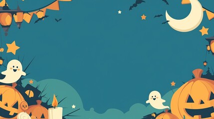 Vector flat design of a Halloween party background, featuring cute ghosts, pumpkins, and stars, with a large blank central area left for text, in a style similar to a fun children's picture book.