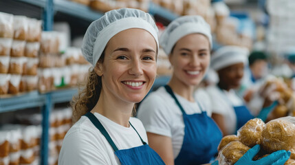 Diverse people working together in bakery show inclusivity and non binary representation with joyful expressions and teamwork in food production