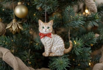 Obraz premium Christmas tree with a cat shaped ornament, celebrating the holiday.