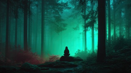 Silhouette of Woman Meditating on Rock in Forest, Evoking Serenity and Spiritual Wellness for Mental Health Campaigns : Generative AI