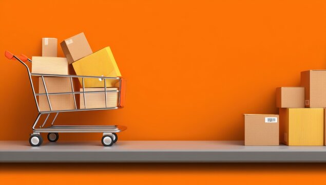 Shopping Cart Full of Cardboard Boxes Against Orange Backdrop, Representing E-Commerce and Logistics Solutions for Retail and Business Needs : Generative AI