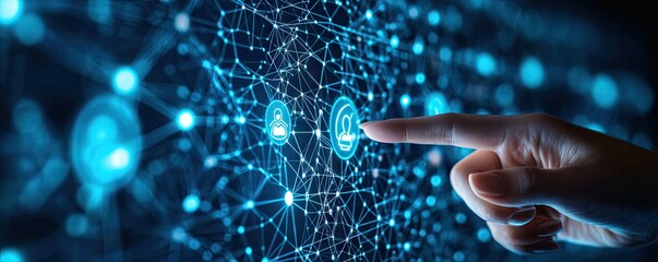 Hand interacting with a digital network of connections