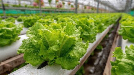 Rows of Fresh Lettuce Growing in Hydroponic Farm, Showcasing Sustainable Agriculture and Healthy Lifestyle Choices for Food Production : Generative AI