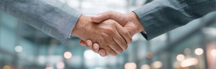 Business Handshake in Modern Office, Symbolizing Partnership, Agreement and Corporate Collaboration for Successful Dealmaking and Professional Networking : Generative AI