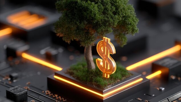 Tree Growing With Dollar Sign on Circuit Board, Symbolizing Sustainable Investment and Financial Growth in Technology : Generative AI