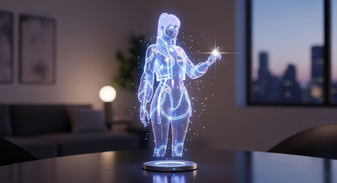 Futuristic hologram technology presentation of a woman in a modern apartment setting render design - Powered by Adobe
