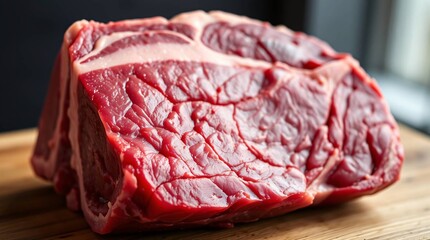 Fresh Beef Chuck on Board: A detailed close-up showcases the rich textures and vibrant color of a raw beef chuck, artfully presented on a wooden cutting board, emphasizing its freshness and quality.