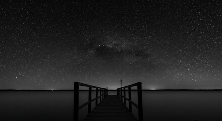 Pier extending into dark water under a starry night sky