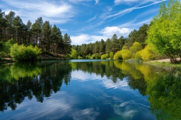 Obraz premium Calm Lake Reflecting Sky and Trees, Ideal for Nature Getaways and Promoting Environmental Awareness : Generative AI