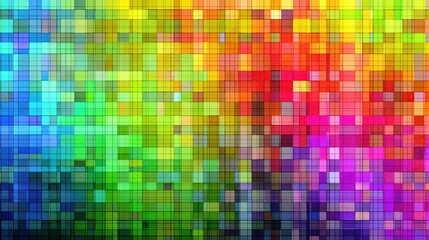 A mosaic of small, square pixels blending vibrant rainbow colors, creating a pixelated gradient