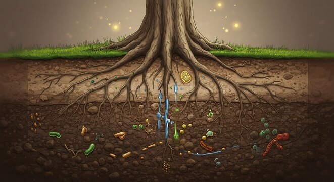 Tree Root System and Thriving Soil Ecosystem Cross-Section with Microorganisms, Water, and Nutrients