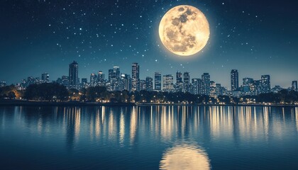 City skyline at night, full moon, reflected in water