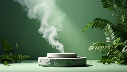 Stone podium for display product on pastel green background