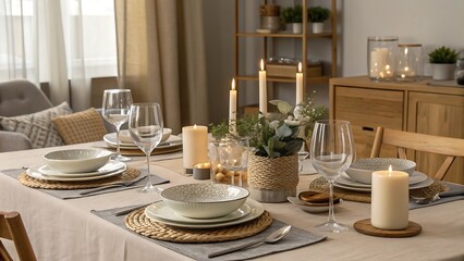 Elegant candlelit dinner table setting with white plates and glasses evokes warmth and sophistication