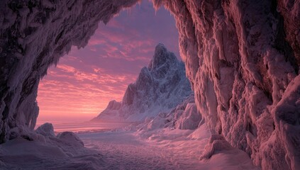 Frozen cave opening to a winter sunrise