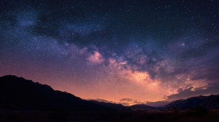 Naklejka premium A vibrant night sky showcases the Milky Way, casting a celestial glow over dark, silhouetted mountains