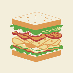 Stacked triple decker sandwich with lettuce, cheese and tomato illustration for food concept