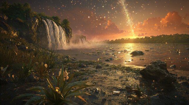 Sunset waterfall, starry sky, tranquil scene