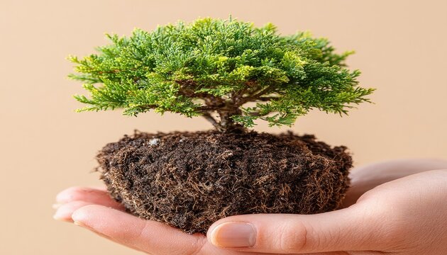 Tiny bonsai tree in hand, earthy tones