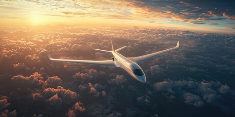 Fototapeta premium A sleek, white jet airplane flying over a vast expanse of clouds at sunset, with the sun setting in the background. The jet is captured in mid-flight, with its wings spread wide .