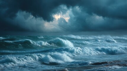 Stormy Ocean Waves Crashing Under Dark Clouds, Evoking Environmental Awareness and Climate Change Concerns With a Sense of Overcoming Challenges : Generative AI