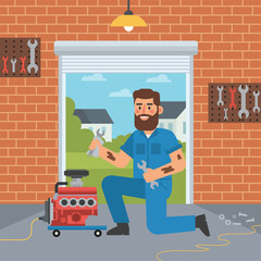 Mechanic repairing engine in garage