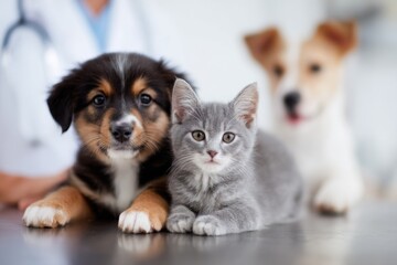 Adorable Kitten and Puppy Posing Together on Table, Representing Friendship and Pet Adoption Awareness, with Another Dog in Background : Generative AI