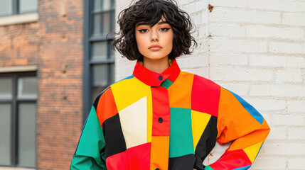 Diverse people showcase inclusivity and non binary representation with confidence in colorful geometric patterned jacket outdoors