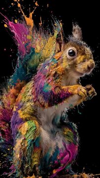 Vibrant, fuzzy squirrel-like figure painted with rainbow splashes on a dark background. surreal whim!