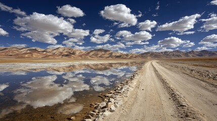 Dusty road reflecting clouds in a desert lake