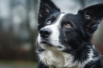Fototapeta premium Close-Up of Border Collie With Heterochromia Looking Upward, Representing Animal Companionship and Pet Adoption : Generative AI