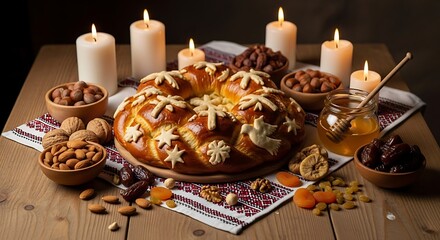Festive bread centerpiece with candles and various food items on a wooden table.