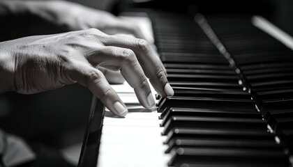 Fototapeta premium Close-up of hands playing piano keys. Hands pressing down on black and white keys