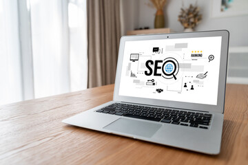 SEO search engine optimization for modish e-commerce and online retail business showing on computer...