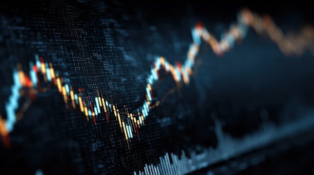 Candlestick Chart on Dark Screen, Illustrating Market Analysis and Financial Investment Strategies, Representing Economic Forecasting and Data Visualization : Generative AI