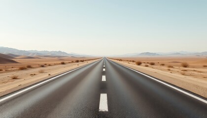 Fototapeta premium Asphalt highway disappearing into the horizon with distant hills under a serene sky on a sunny day